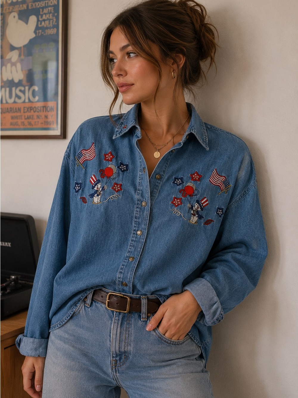 Vintage Quizz Patritoic 4th of July American Embroidered Denim Button Down Shirt